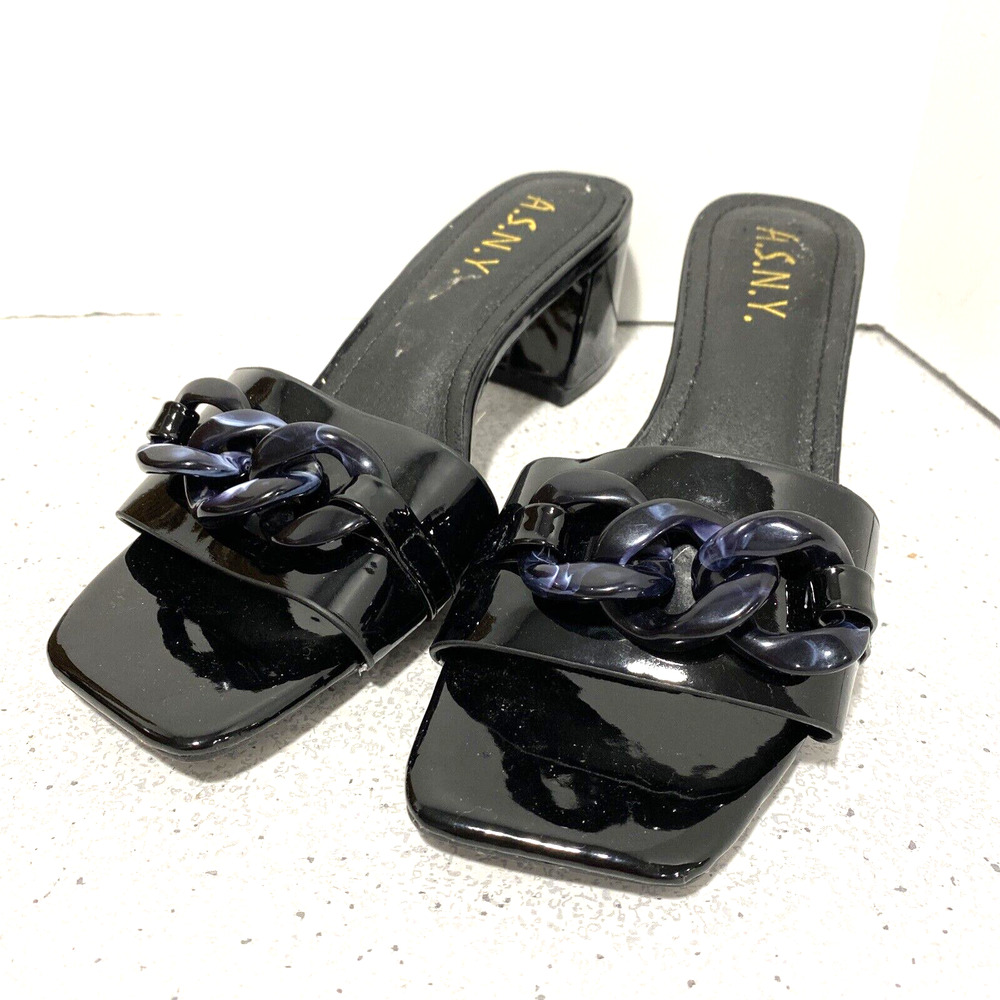ASNY slide sandals high heel black patent shoes Lucite chain detail square toe 6